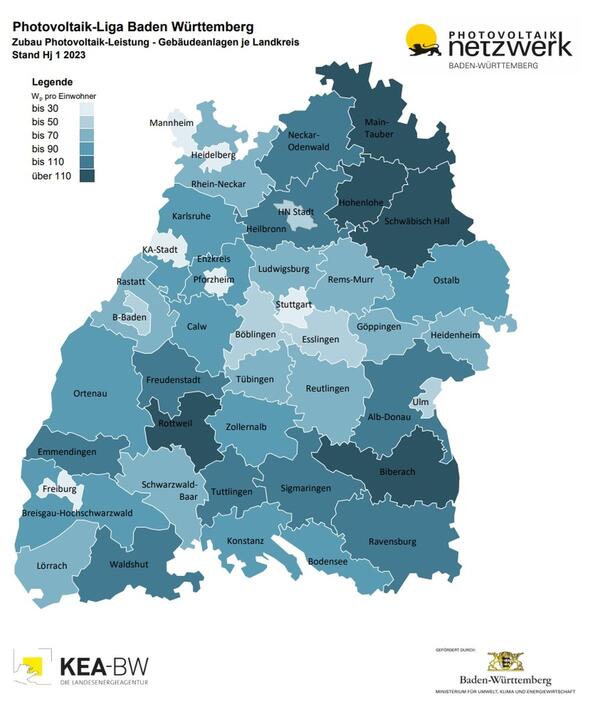 Der Ausbau der erneuerbaren Energien nimmt Fahrt auf: Zubau bei Photovoltaik-Gebudeanlagen im ersten Halbjahr 2023 nach Landkreisen im Sdwesten. 