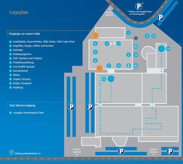 Bild vergr&ouml;&szlig;ern: Das Bild zeigt den Lageplan für den Tag der offenen Tür bei Systemair - mit Informationen über alle Attraktionen und Parkmöglichkeiten.
