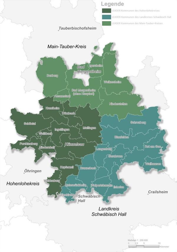 Die Karte zeigt das LEADER-Aktionsgebiet Hohenlohe-Tauber. Es wird zur Einreichung von Projektantrgen im europischen Frderprogramm LEADER 2023-2027 sowie im Regionalbudget fr Kleinprojekte 2025 aufgerufen.