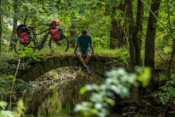 Das Foto zeigt Maximilian Semsch bei einer Pause auf einer Brücke im Wald. 