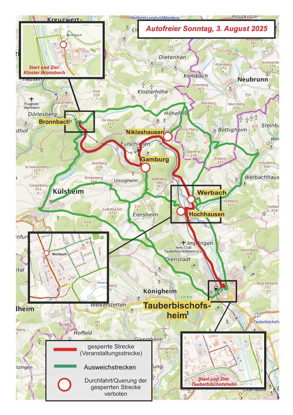 Bild vergr&ouml;&szlig;ern: Die Karte zeigt die beim Autofreien Sonntag für den motorisierten Verkehr gesperrte Taubertalstraße mit den Umfahrungsmöglichkeiten in der Übersicht.