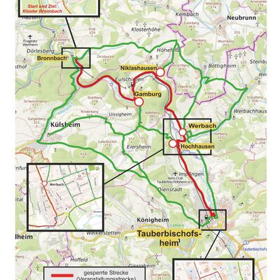 Der Autofreie Sonntag findet in diesem Jahr im n�rdlichen Taubertal statt: Die Karte zeigt die f�r den motorisierten Verkehr gesperrte Taubertalstra�e mit den Umfahrungsm�glichkeiten in der �bersicht.