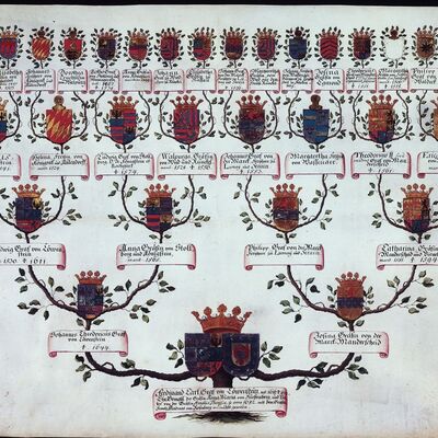 Bild vergr&ouml;&szlig;ern: Das Foto zeigt die Ahnentafel des Grafen Ferdinand Karl zu Löwenstein-Wertheim als Ahnenprobe für seine Tochter Amalia Theresia, verheiratet mit Graf Franz Andreas von Rosenberg, nach 1682