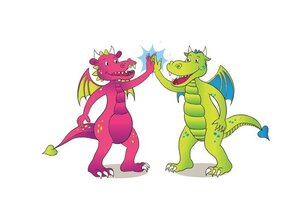 Das Bild zeigt zwei Comic-Drachen. Es handelt sich  um Werbefiguren für den Bewegungspass Baden-Württemberg.