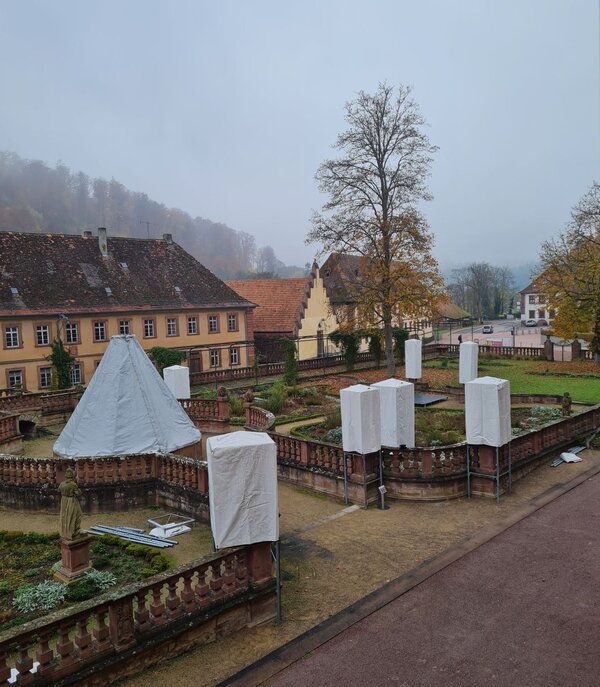 Zum Schutz vor K�lte und Frost sind die Gartenfiguren und Putten im Bronnbacher Abteigarten k�rzlich eingepackt worden. 