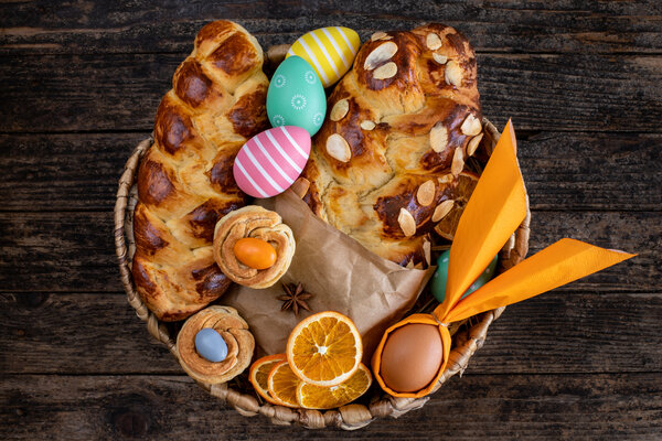 Das Bild zeigt einen Korb mit Hefezopf und Ostereiern. 