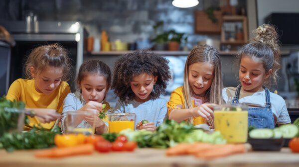 Kinder beim Kochen mit Gem&uuml;se 