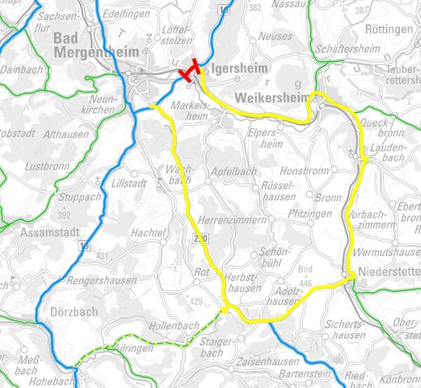 Die B 19 muss in Igersheim aufgrund des Baus einer neuen L�rmschutzwand ab Mittwoch, 7. Januar, voll gesperrt werden. Die Grafik zeigt den Verlauf der �ber�rtlichen Umleitung.