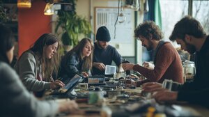 Bild vergr&ouml;&szlig;ern: Das Foto zeigt ein Repair Café, in dem mehrere Personen defekte Alltagsgegenstände reparieren.