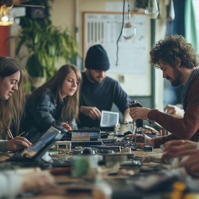 Bild vergr&ouml;&szlig;ern: Das Foto zeigt ein Repair Café, in dem mehrere Personen defekte Alltagsgegenstände reparieren.