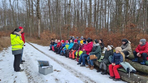 Ein gr�nes Klassenzimmer mitten im Wald: Die Sch�lerinnen und Sch�ler der dritten Klasse der Grundschule Assamstadt informierten sich �ber das Flurneuordnungsverfahren und dessen Auswirkungen auf die Natur.