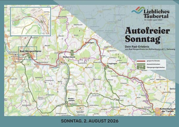 Der Autofreie Sonntag findet 2026 im s�dlichen Taubertal statt: Die Karte zeigt die f�r den motorisierten Verkehr gesperrte Taubertalstra�e mit den Umfahrungs- und Querungsm�glichkeiten in der �bersicht.