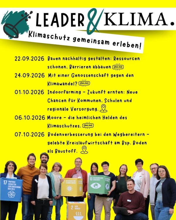 Die Grafik zeigt die Themen und Termine der LEADER- und Klima-Veranstaltungen in der �bersicht.