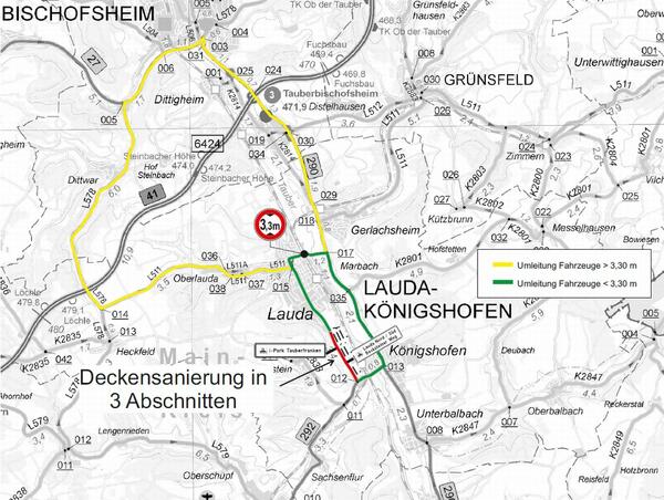 Bild vergr&ouml;&szlig;ern: Während der Sperrung der Kasernenstraße müssen aufgrund des Bahndurchlasses in Lauda verschiedene Umleitungsstrecke für Fahrzeuge mit mehr und mit weniger als 3,30 Meter Höhe eingerichtet werden.
