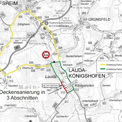 W�hrend der Sperrung der Kasernenstra�e m�ssen aufgrund des Bahndurchlasses in Lauda verschiedene Umleitungsstrecke f�r Fahrzeuge mit mehr und mit weniger als 3,30 Meter H�he eingerichtet werden.
