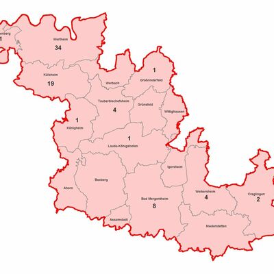 Aktive Fälle von Coronavirus-Infektionen im Main-Tauber-Kreis, aufgeschlüsselt nach Städten und Gemeinden (Stand: 5. August, 15.30 Uhr)