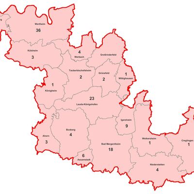 Aktive Fälle von Coronavirus-Infektionen im Main-Tauber-Kreis, aufgeschlüsselt nach Städten und Gemeinden (Stand: 24. August, 15.00 Uhr).
