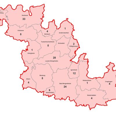 Aktive Fälle von Coronavirus-Infektionen im Main-Tauber-Kreis, aufgeschlüsselt nach Städten und Gemeinden (Stand: 25. August, 14.30 Uhr).