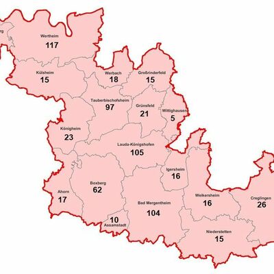 Bild vergr&ouml;&szlig;ern: Neue Fälle von Coronavirus-Infektionen im Main-Tauber-Kreis, aufgeschlüsselt nach Städten und Gemeinden (Stand: 28. Januar, 16.00 Uhr)