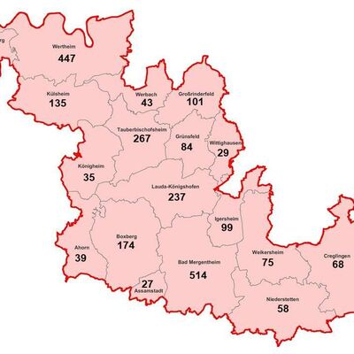 Neue Fälle von Coronavirus-Infektionen im Main-Tauber-Kreis, aufgeschlüsselt nach Städten und Gemeinden (Stand: 13. Februar, 16.00 Uhr).
