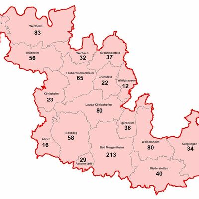 Neue Fälle von Coronavirus-Infektionen im Main-Tauber-Kreis, aufgeschlüsselt nach Städten und Gemeinden (Stand: 24. April, 16.00 Uhr)