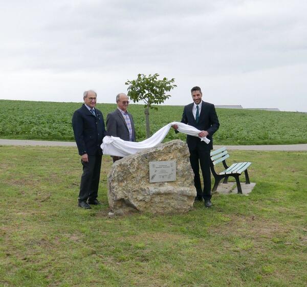 Bild vergr&ouml;&szlig;ern: Das Foto zeigt Präsident Robert Jakob vom Landesamt für Geoinformation und Landentwicklung, Vorstandsvorsitzender Helmut Dollmann und Bürgermeister Nick Schuppert bei der Enthüllung des Gedenksteins: Dieser erinnert an das nun abgeschlossene Flurneuordnungsverfahren.