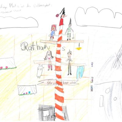Die zehnjährige Emma Kapf aus Lauda hat als ihren Lieblingsplatz im Main-Tauber-Kreis das Rathaus in ihrer Heimatstadt mit dem fantasievoll geschmückten Narrenbaum davor gemalt. Alle Kinder bis 13 Jahren können zum Jubiläum »50 Jahre Main-Tauber-Kreis« an einem großen Malwettbewerb teilnehmen