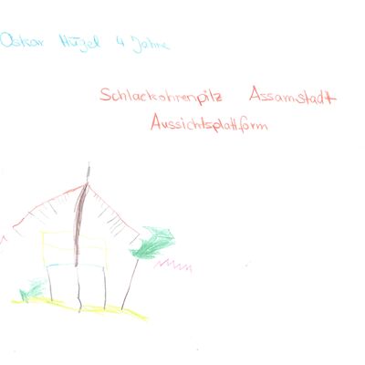 Oskar Hügel, 4 Jahre, aus Assamstadt, hat eine Vorlage der Aussichtsplattform Schlackohrpilz bei Assamstadt auf einem Bild gesehen und versucht, nachzumalen.