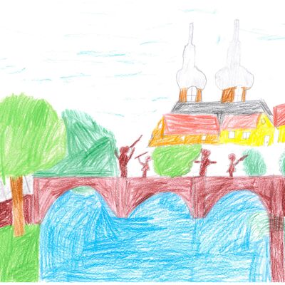 Felix Nied, 7 Jahre, aus Gerlachsheim, hat die Gerlachsheimer Brcke mit Kirchtrmen im Hintergrund gezeichnet.