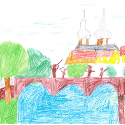 Felix Nied, 7 Jahre, aus Gerlachsheim, hat die Gerlachsheimer Brücke mit Kirchtürmen im Hintergrund gezeichnet.