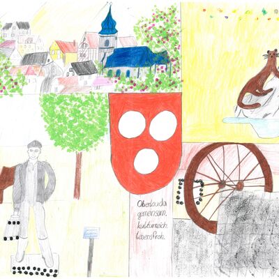 Chiara Haas, 10 Jahre, aus Oberlauda, hat ihren Lieblingsort im Main-Tauber-Kreis, Oberlauda, mit Mühlrad, Milchmann und Rootzenbrunnen gemalt, weil es ihre Heimat ist.