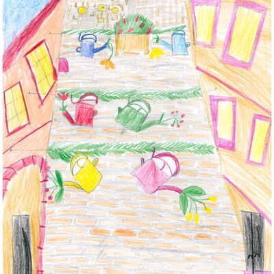 Noemi Kirchgeßner, 8 Jahre, aus Lauda, hat die Marienstraße in Lauda gemalt, wo Gießkannen zwischen den Häuserzeilen aufgehängt sind.