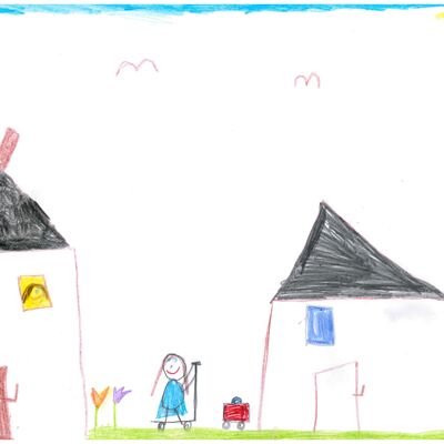 Mara Hügel, 7 Jahre, aus Assamstadt, hat ihr Zuhause in Assamstadt gemalt, wo sie am liebsten mit ihrer Familie im Garten ist.