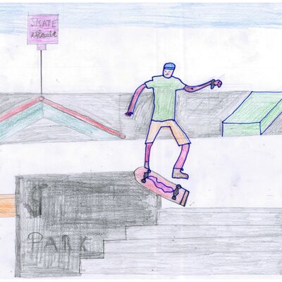 Luis Schlenkhoff, 9 Jahre, aus Assamstadt, ist am liebsten mit seinen Freunden in seinem Wohnort Assamstadt unterwegs. Die Kinder fahren dort viel Skateboard und haben draußen einfach Spaß. Er hat sein Bild in zwei Varianten eingereicht.
