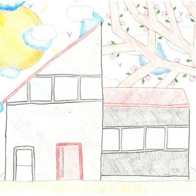 Klara Stein, 10 Jahre, aus Tauberbischofsheim, hat ihr Zuhause gemalt, das ihre Eltern zusammen gebaut haben.