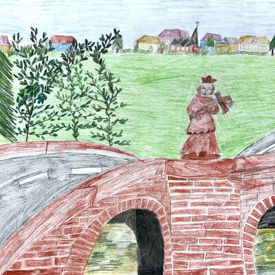 Erster Preis: Sophie Lindtner, 9 Jahre, aus Werbach: Sie hat die Tauberbrücke in Werbach-Hochhausen gemalt, die Anfang des 18. Jahrhunderts erbaut wurde. Im Jahr 1765 wurde die Nepomuk-Statue aufgestellt.