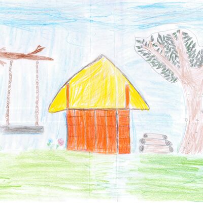 Hewana Schabado, 12 Jahre, aus Ahorn-Eubigheim, malte ein Waldstück mit Hütte.