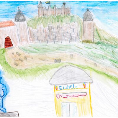 Zweiter Preis: Ida Bischof, 6 Jahre, aus Külsheim-Hundheim, ist gerne in Wertheim. Ihr Bild zeigt die Eisdiele mit Burg und Optimist im Hintergrund.