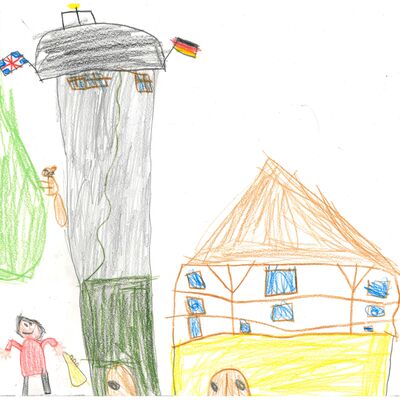 Hendrik Ruhland, 7 Jahre, aus Impfingen, malte den Türmersturm und das Kurmainzische Schloss in Tauberbischofsheim. Das Bild zeigt den Turmbläser, der gerade auf dem Weg zum Türmersturm ist, um das Abendlied zu spielen.
