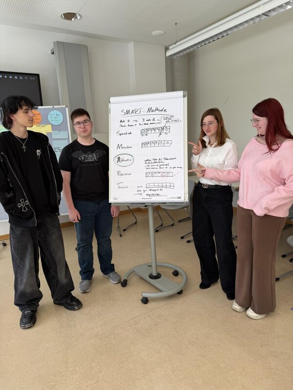 Bild vergr&ouml;&szlig;ern: Das Bild zeigt vier Schüler vor einer Tafel, auf der sie die SMART-Methode erarbeitet haben.